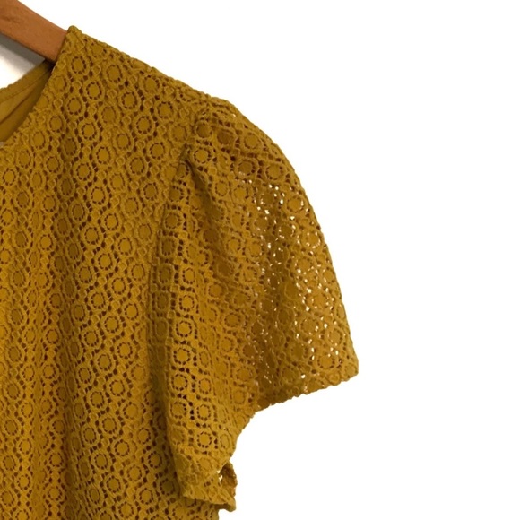 LOFT WOMENS MUSTARD YELLOW CROCHET CAP SLEEVE FORMAL / CASUAL SHIFT DRESS SIZE S - Picture 8 of 10